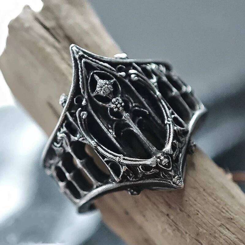 LATS Retro Personality Ancient Silver Color Hollowed-out Relief Crown Castle Rings for Women Men Halloween Trend Gothic Jewelry H260312