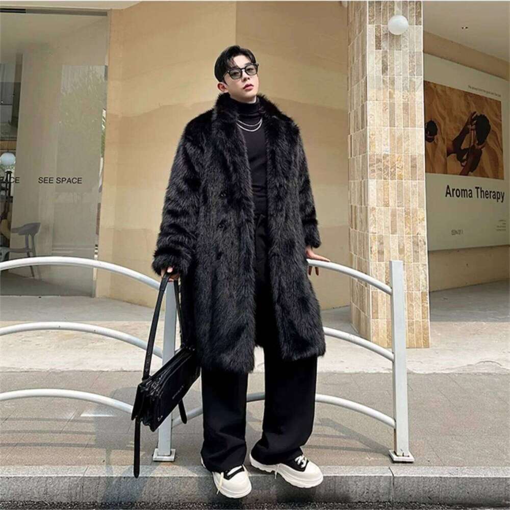 Black Faux Fur Coat Man Fashion Winter Thickened Warmer Fluffy Long Cotton-padded Jacket Overcoat Z260313