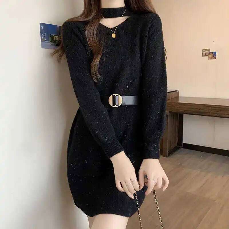 Red Bright Silk Sweater Mid-length Knitted Autumn Winter Waist-hugging and Slimming Inner Bottom Skirt Z260313