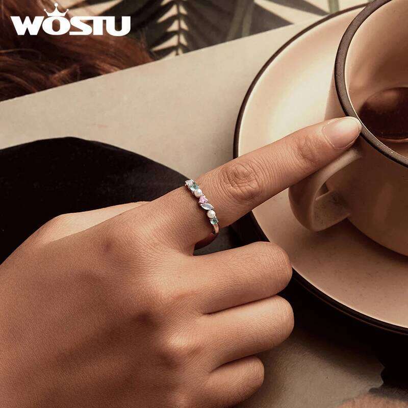 WOSTU 925 Sterling Silver Multi Color Gems Finger Rings Colorful Cute Opal Pearl Zircon Band Ring Girl Daughter Jewelry Gift H260312