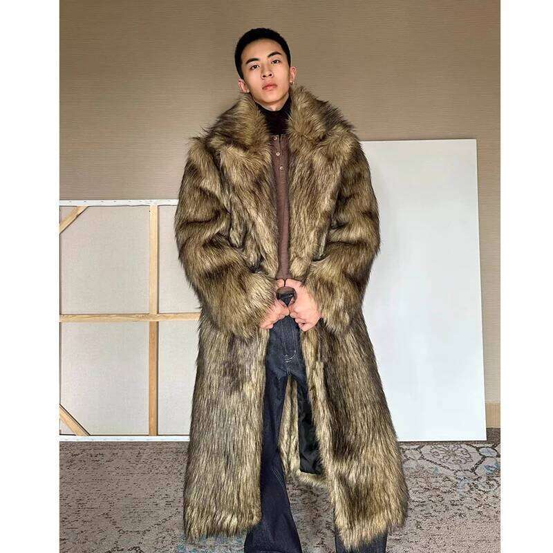 Men's fur coat, Wolf fox fur, lapel long overcoat, winter windproof and warm windbreaker, large size Z260313