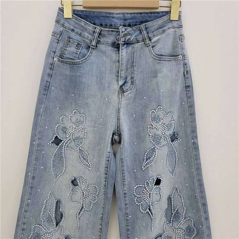 YEAE Women's Jeans High Waist Embroidery Flowers Burrs Edge Straight Wide Leg Denim Pants 2025 New Fashion Spring Z260313