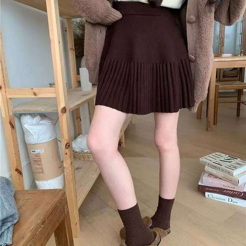 2025 Spring Autumn New High-waisted A-line Skirt Women Knitted Pleated Shirts Lady Solid Color Preppy Style Mini Skirts Z260314