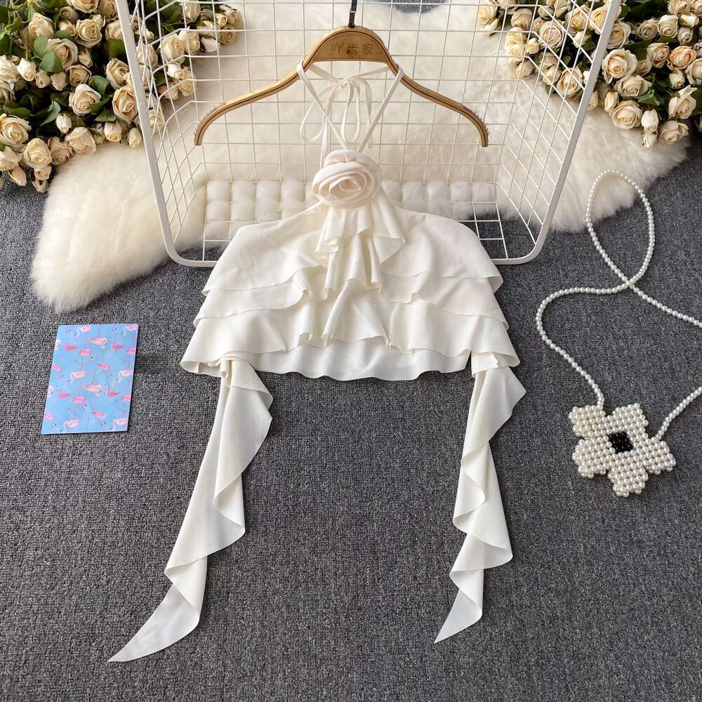 Designer pure desire 3D flower backless collar women's vest summer fashion with ruffled edges super fairy like