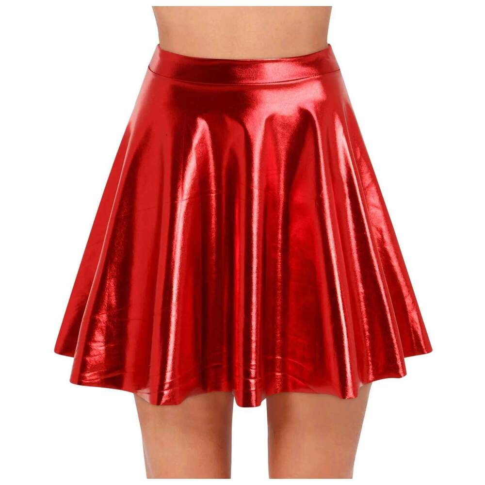 Metallic Pleated Sexy Laser Shiny Flared High Waist Pu Leather Skirt Summer Club Party Dance Mini Skirts Z260314