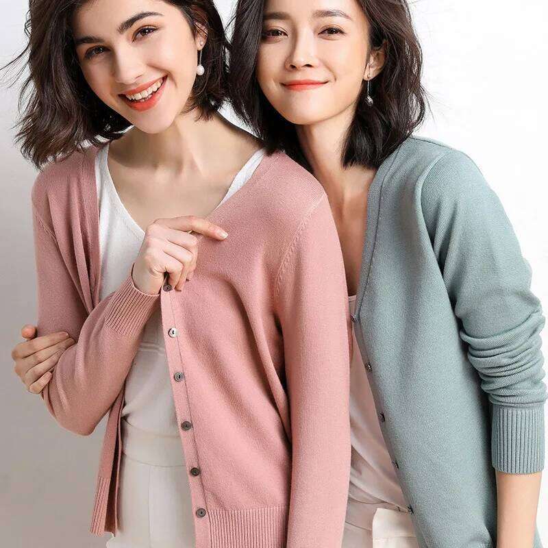 Cardigans Women 2025 Autumn Single Breasted V-neck Knitted Sweater Fashion Short Knitwear Solid Blue Green Pink Women's Jumpers Z260313