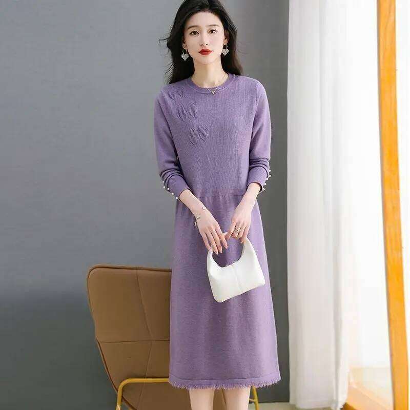 Round Neck Fur Women's Slim Long Base Knitted Loose Autumn and Winter Dress Over the Knee New Style 2024 Z260314