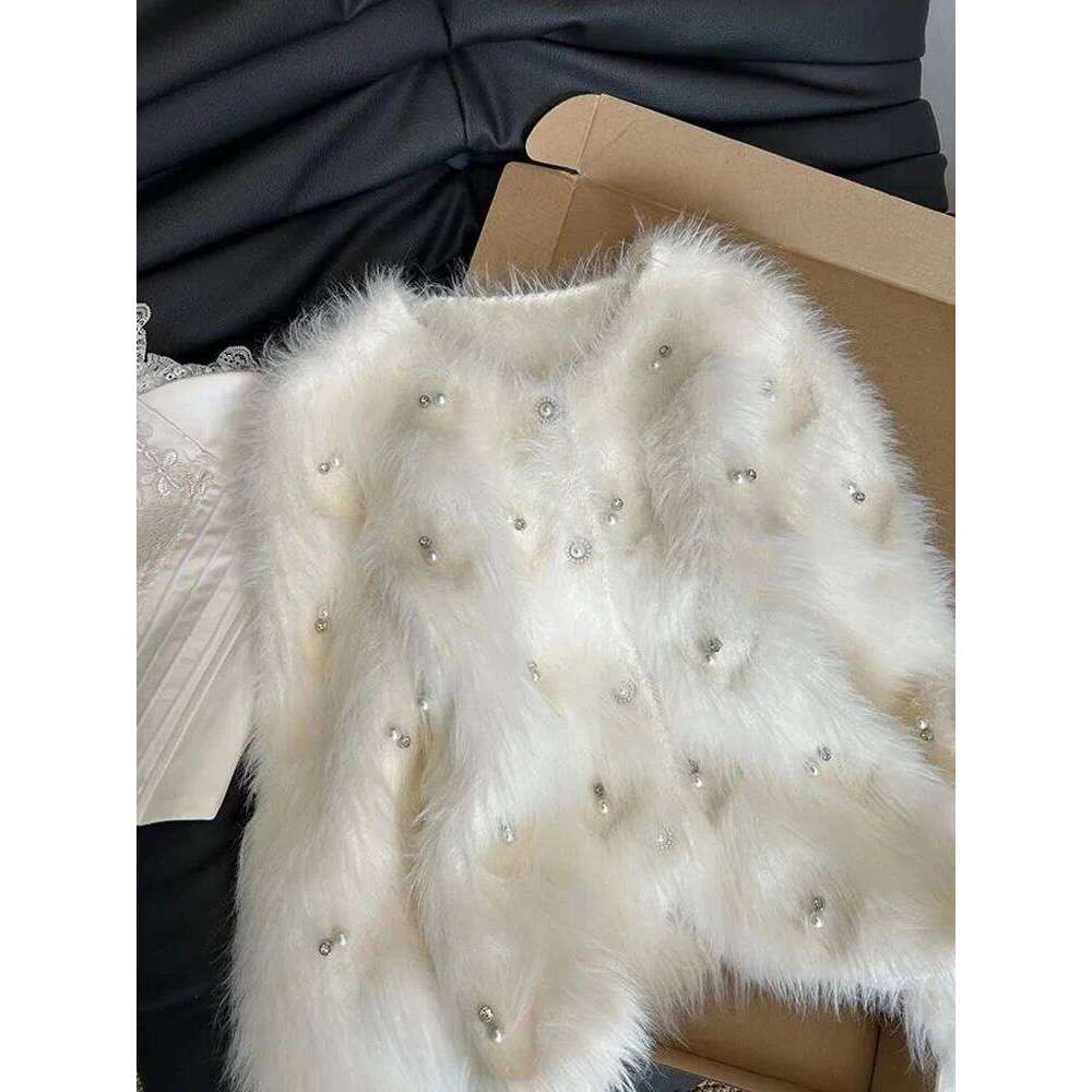 Chic Pearls White Cardigan Sweaters Women Elegant Sweet Faux Mink Cashmere Coats Korean Long Sleeve Fashion Knitted Tops Z260314