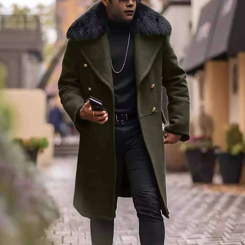 2025 Winter Men Coat Streetwear Fur Collar Long Sleeve Male Trench Jacket Mid Length Double-breasted Windproof Man Outerwear Z260313