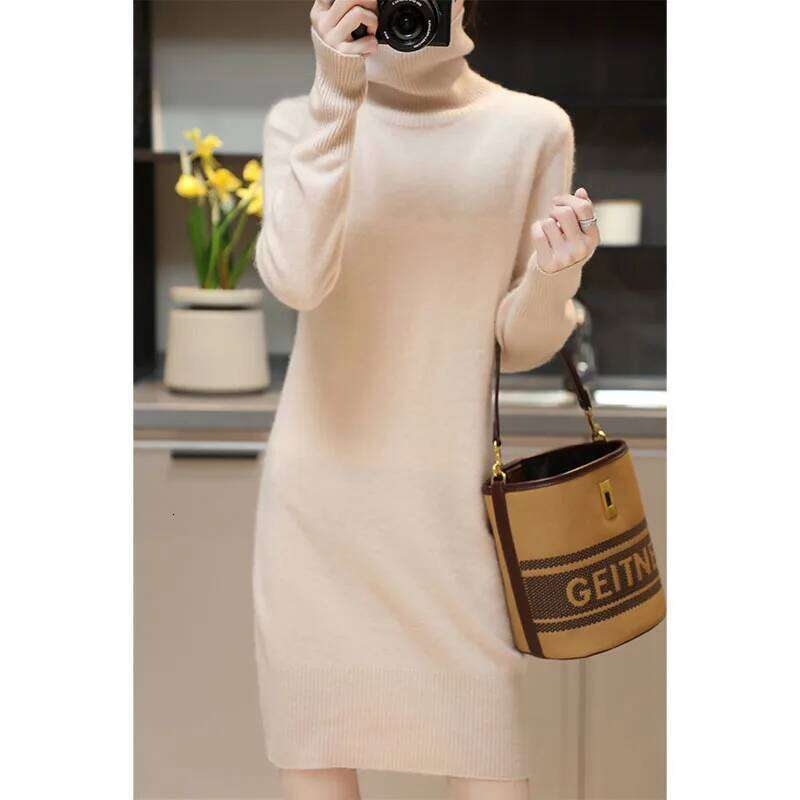 Elegant Cashmere Sweater Womens Dresses 100% Merino Wool Autumn Winter Turtleneck Knitted Dress Female Casual Long-Sleeve Skirts Z260313