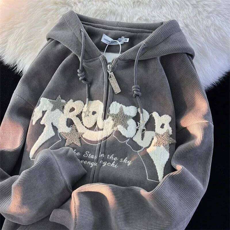 Fashion Embroidery Zip Up Hoodies Women Autumn Long Sleeve Tops Loose Hood Shirt Harajuku Y2K Clothes Female Sweatshirt Jacket Z260314