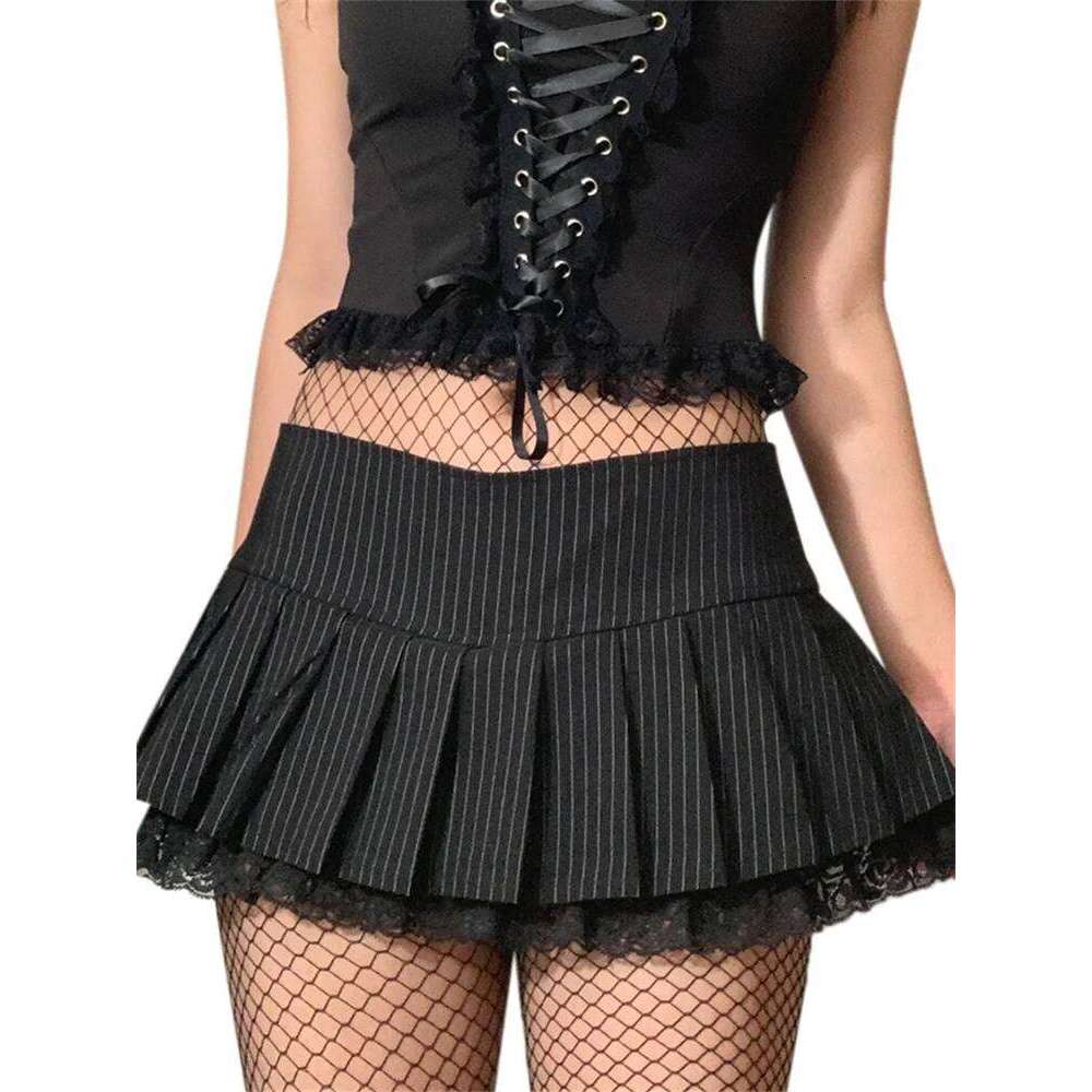 Women Mini Skirt High Waist Lace Hem A-line Pleated Skirts Korean Fashion Gothic Y2K Aesthetic Clubwear Z260314