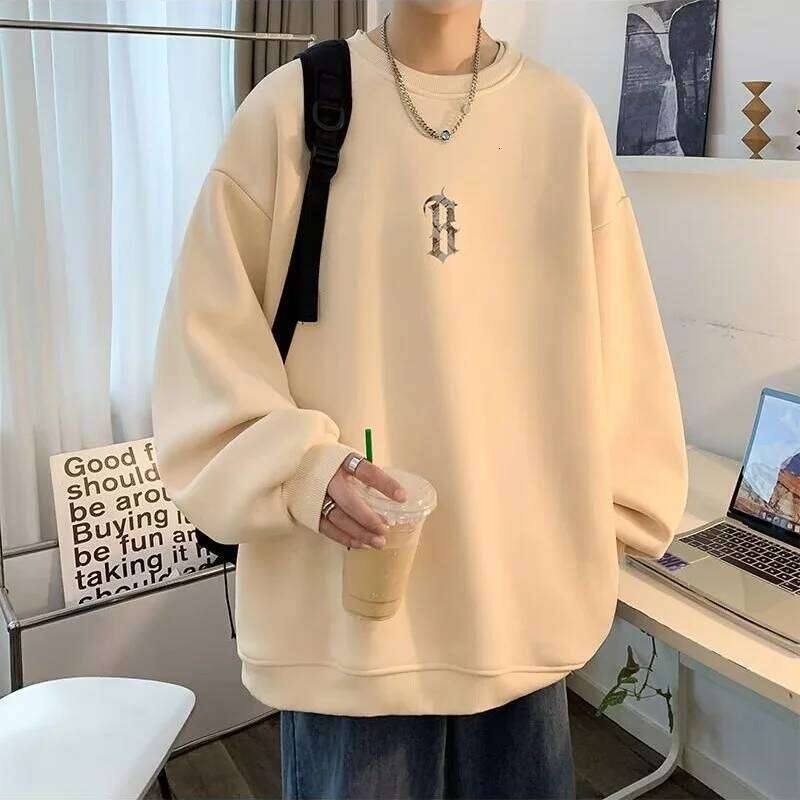 M-8XL Autumn Men Pullover Hoodie Oversized Sweatshirt Korean Fashion Loose Letter Print Long Sleeve Plus Velvet Couple Clothes Z260314