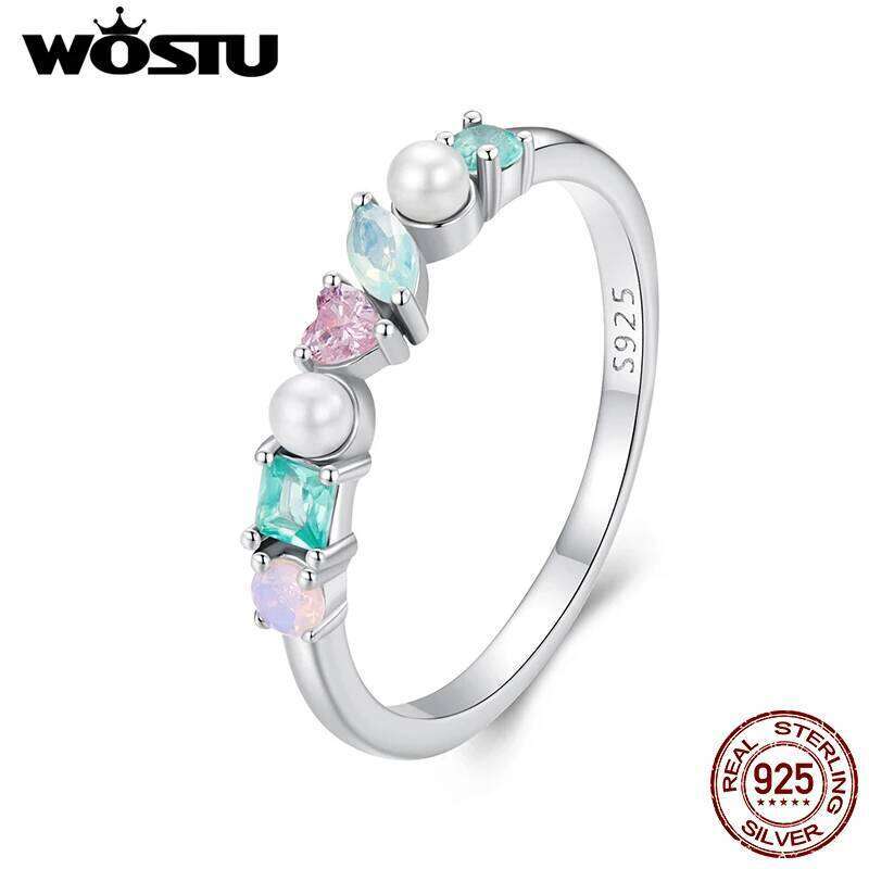 WOSTU 925 Sterling Silver Multi Color Gems Finger Rings Colorful Cute Opal Pearl Zircon Band Ring Girl Daughter Jewelry Gift H260312