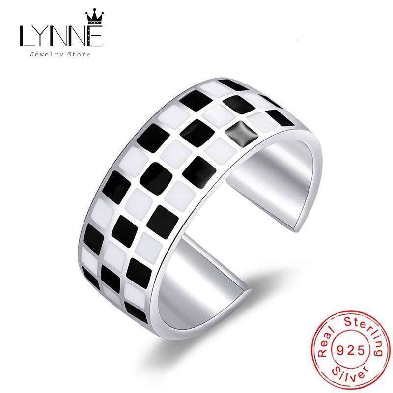 New Fashion 925 Sterling Silver Black Grid 8mm Wide Adjustable Rings Women&Girl Jewelry Gift Chessboard Design Trend Ring H260312