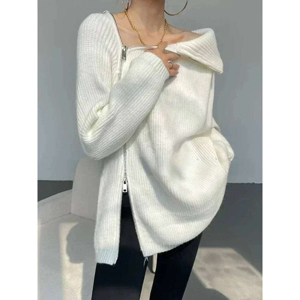 Women's Turtleneck Zipper Oversize Fashion Sweaters 2025 Autumn Knitwears Loose Thick Warm High Neck Solid Pullovers Women Z260313