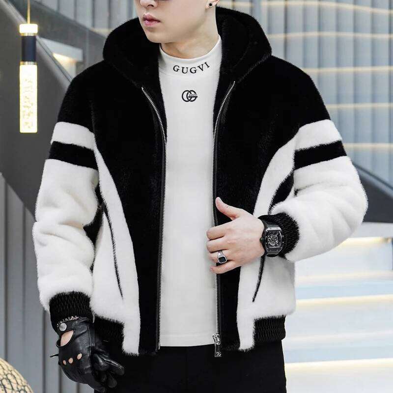 Autumn Winter Leather Men Thick Warm Hooded Casual Business Faux Fur Jacket Splicing Streetwear Social Coats Z260313