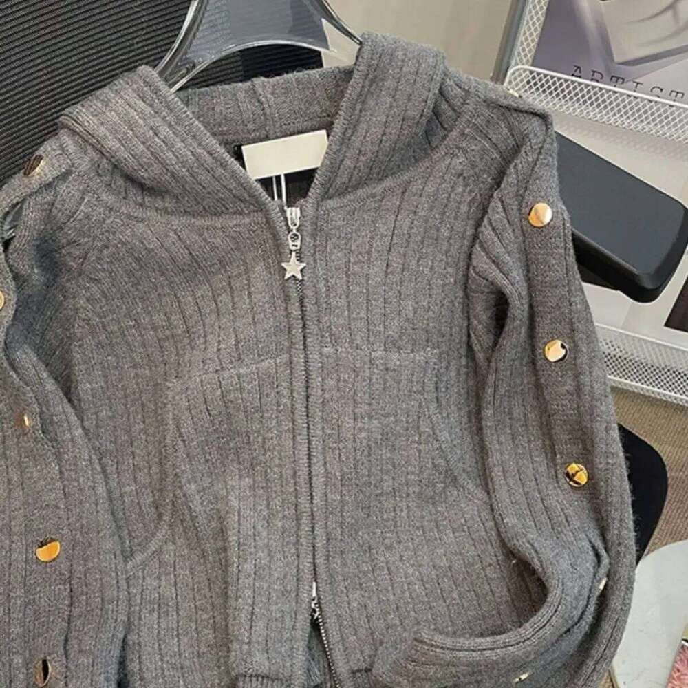 New 2025 Autumn Zipper Hooded Short Women Knitting Cardigan Retro Casual Korean Fashion Ladies Sweater Z260314