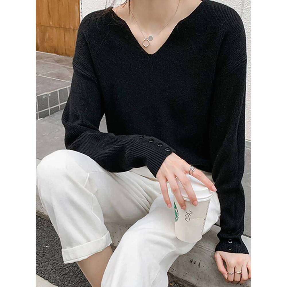 2025 Autumn Winter V Neck Pullovers Loose Button Pullover Women Soft Sweater Jumper Fashion Tops Z260313