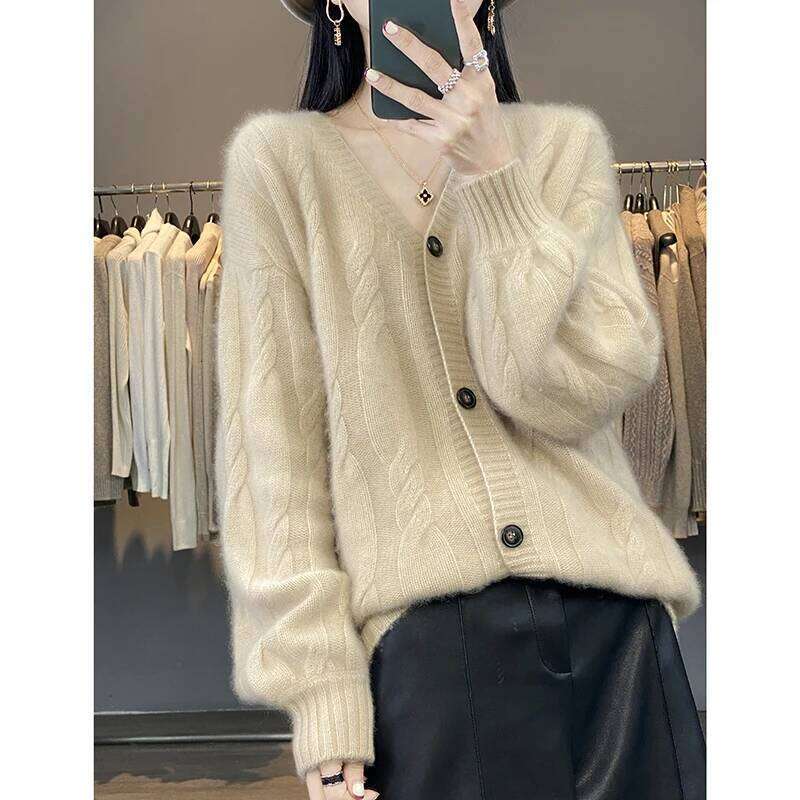 New 100% Merino Wool V-neck Button Jacquard Cardigan Fashionable Soft Classic Loose Women Autumn Winter Cashmere Knitwear Coat Z260313
