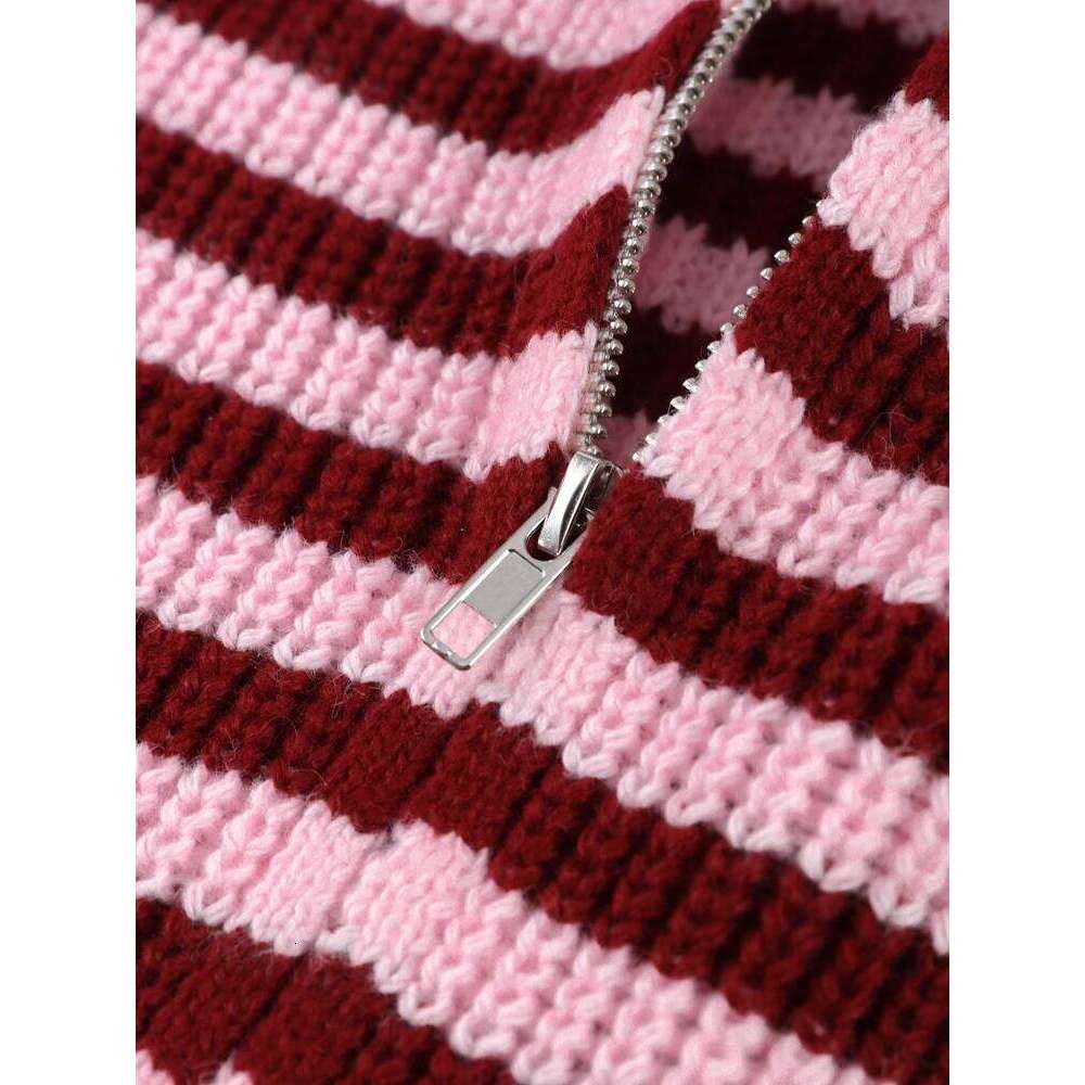 Loose Striped Women's Knit Cardigan Double Zipper Long Sleeve Stand Collar Female Sweater 2025 Autumn Winter Lady Lazy Knitwear Z260313