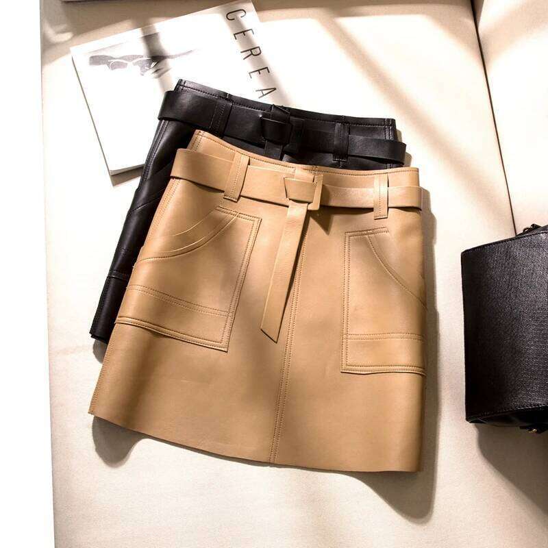 Quality Genuine Leather High Waisted A-line Buttocks Wrapped Women's Fashionable Sheepskin Belt Short Skirt Y2k Z260314