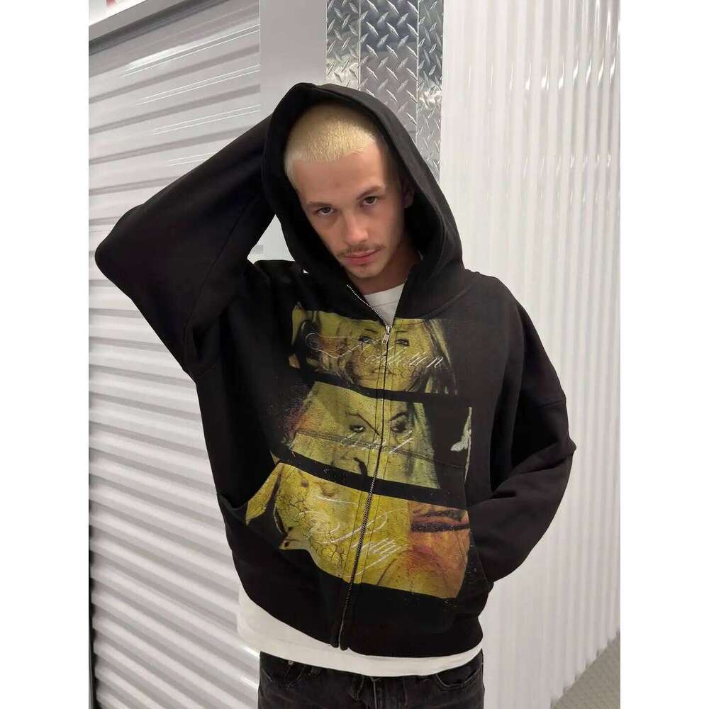 Youth Male Clothes Urban Outerwear Loose Fit Printed Design Trendy Men Cool Zip Up Hoodies Black Casual Streetwear Swag Pullover Z260314