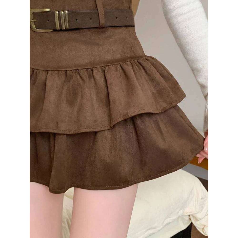 Korean Style Vintage Sweet Cool Suede Cake Skirt For Women Autumn Winter Streetwear Double Layered Short Skirts Woman Z260314