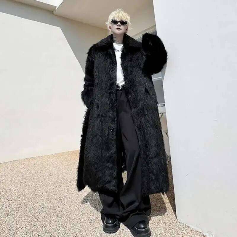 PNW Belt Single Breasted Thickened Winter Long Faux Fur For Men Black White Fashion Design Loose Cotton-padded Coat 9C8121 Z260313