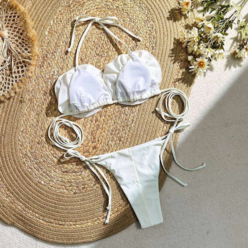 Sexy 3D Flower Swimsuit 2026 New Solid Halter Swimwear Women Bikini Set Bandage Bathing Suit Biquini Y260303