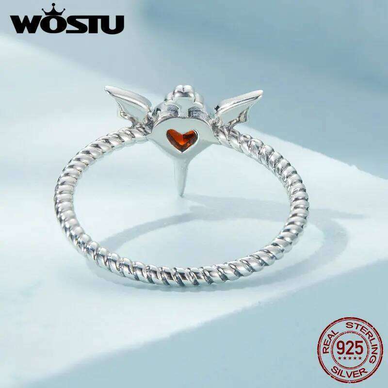 WOSTU 925 Sterling Silver Punk Goth Bat Wings Braided Ring Black Heart CZ Retro Rings for Women Halloween Jewelry Gift Hiphop H260312