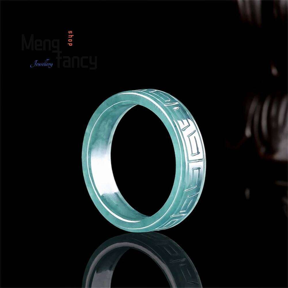 Original Natural A-Grade Jadeite Blue Water Antique Pattern Square Ring, Ice-Type For Men And Women, Personalized Jade Ring H260312