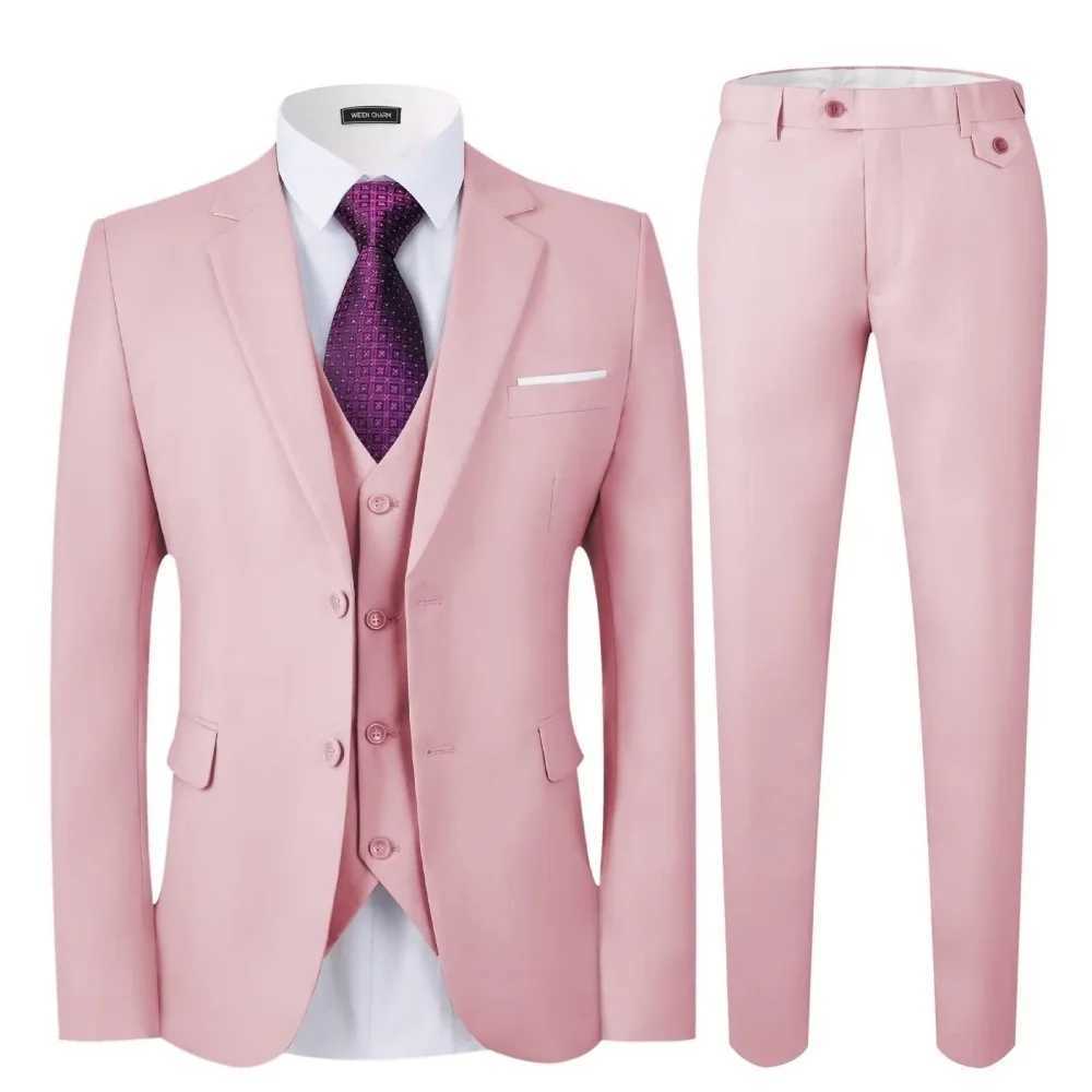 Elegant Solid Single-Button Slim Fit 3-Piece Mens Terno Blazer Vest Pants Ensemble for Formal Occasions M260313