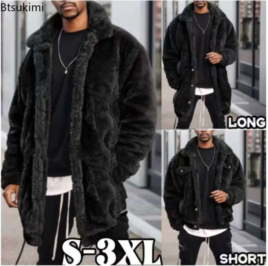 Autumn Winter Men's Mid-length Style Plush Fashion Casual Fluffy Warm Coat Male Solid Tops Loose Thermal Jacket Outerwear Z260313