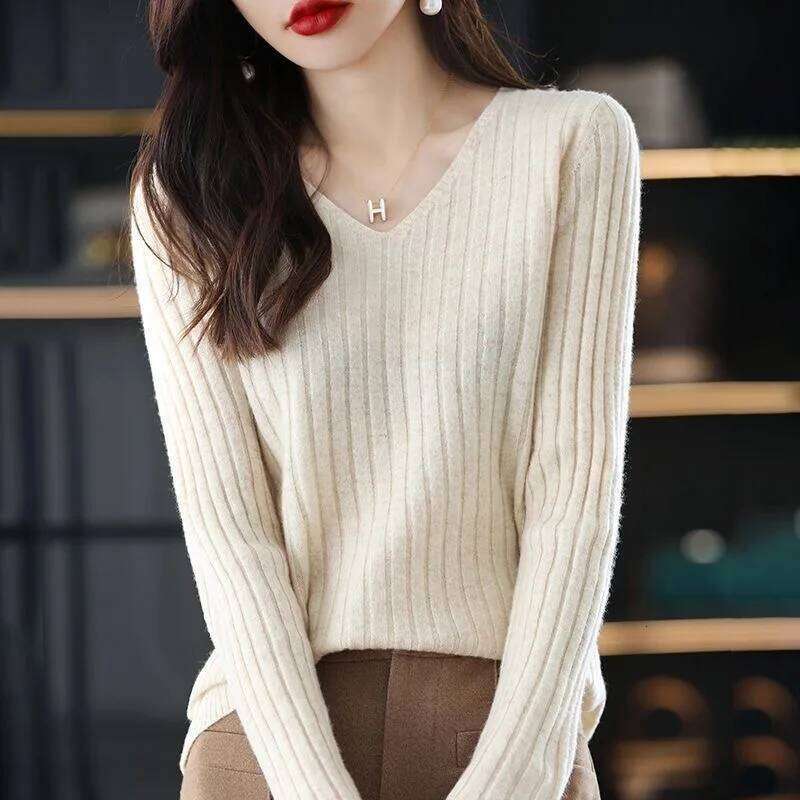 Women Long Sleeve Top Knitted Pullover V-Neck Fashion Woman Winter Basic Female Clothing Soild OL Sweater DF4933 Z260313