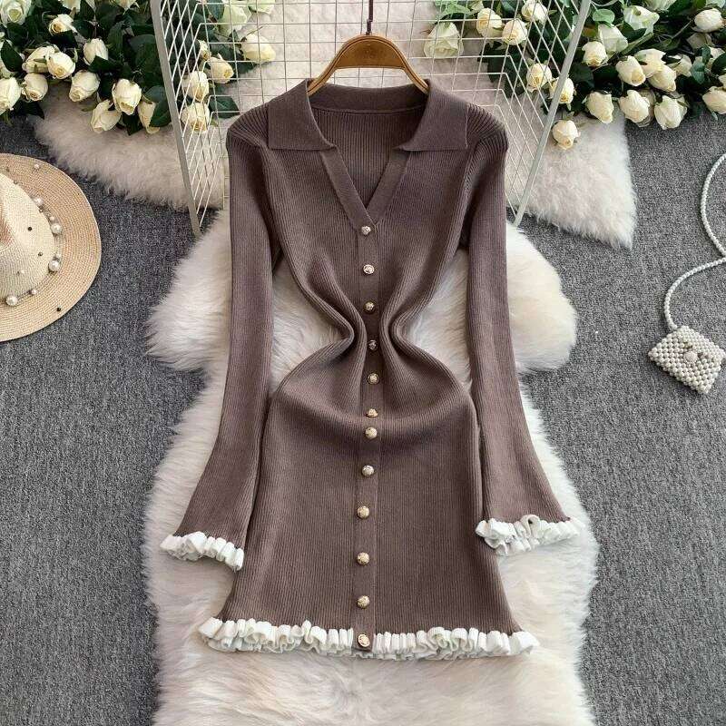 New Waist-cinching Knitting Women V-neck Long Sleeve Chic Short Dress Metal Button Spring Autumn Female Ruffle Dresses Z260313