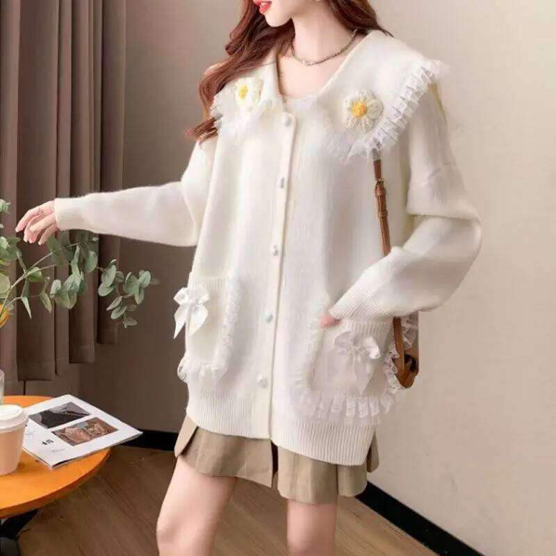 3D Flower Peter Pan Collar Packets Bow Lace Cardigan Sweaters Women Pullover 2025 Autumn Winter New Loose Knitted Sweater Tops Z260313