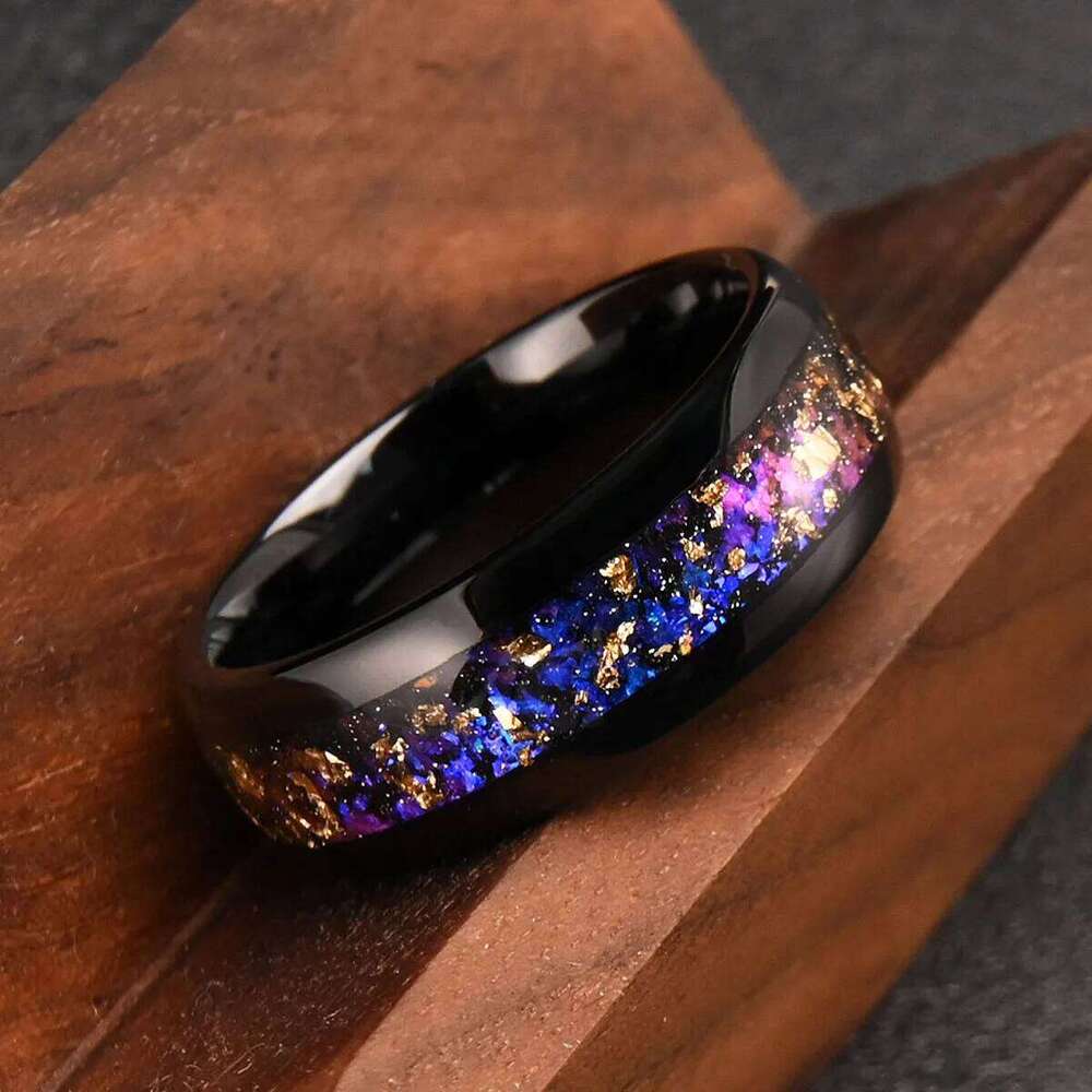 Black 8mm StarrySky and Golden leaf Tungsten Wedding Rings for Men Anti Scratch Band Fashion Comfort Jewelry Accessories Gift H260312