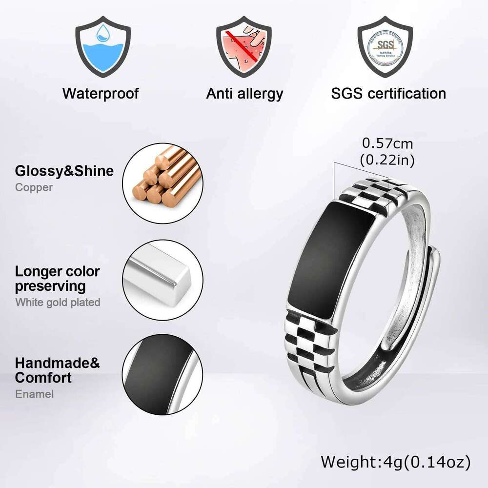 Black Rectangle Men Boys,Classic Square Metal Ring Chessboard Ring,Casual Gifts for Him H260312