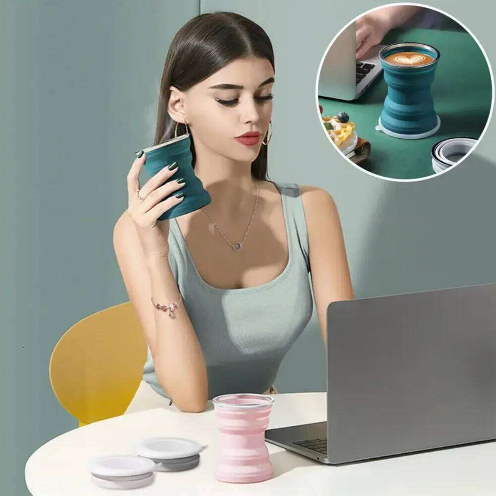 Portable Folding Silicone Water Cup, 320ml Outdoor Heat Resistant Foldable Mug with Lid Collapsible Travel Drinking Cups, Coffee Z260313