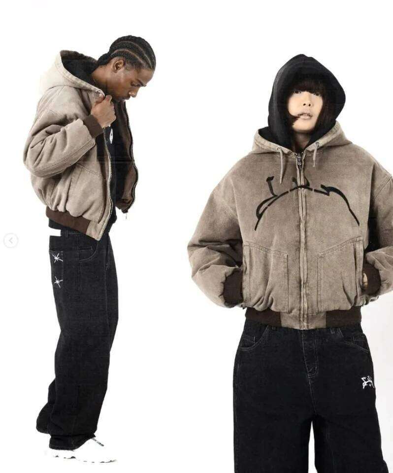 Y2K American High Street Washing Zipper Sweater New Retro Harajuku Fashion Loose Hooded Top Clothing for Men and Women Z260314