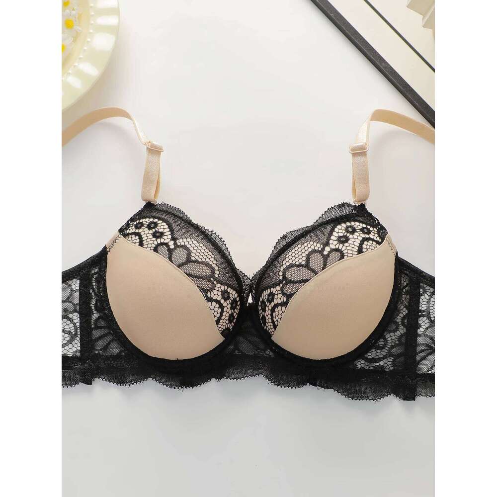 Women's sexy embroidered lace lingerie with steel ring gathering push up daily casual close fitting bra set B2076