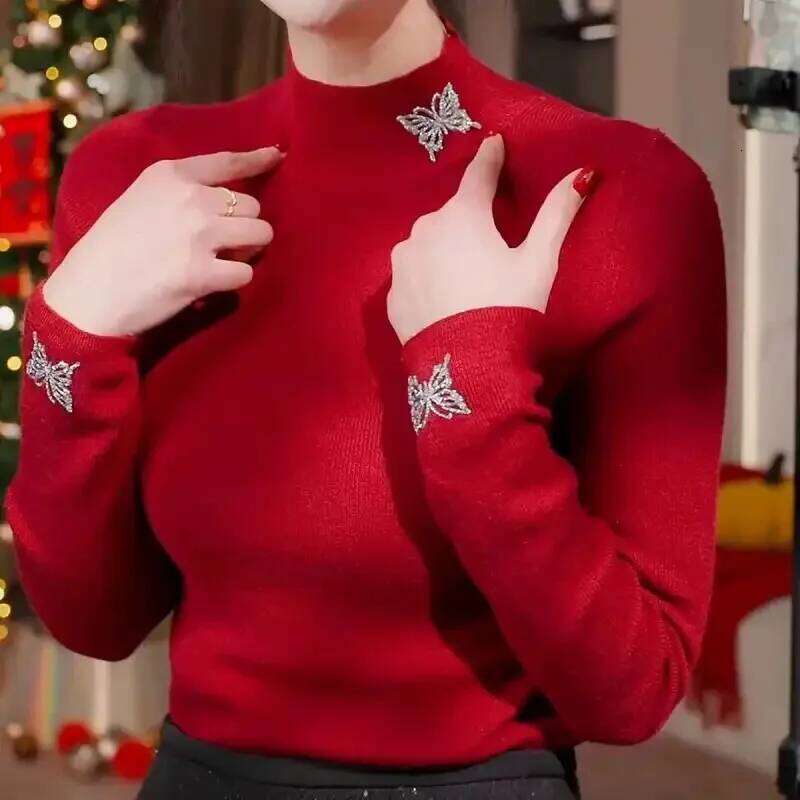 Half Turtleneck Bottoming Women's Sweater Autumn and Winter Fashionable Pullover Butterfly Print Top Z260313