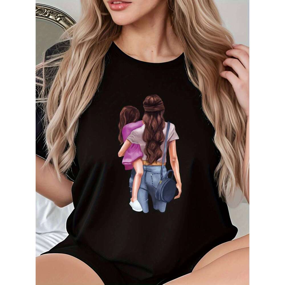 Interesting Mother Daughter Silhouette Print Women's Casual Sleeve T-shirt Shirt Fashionable and Unique Summer Z260314