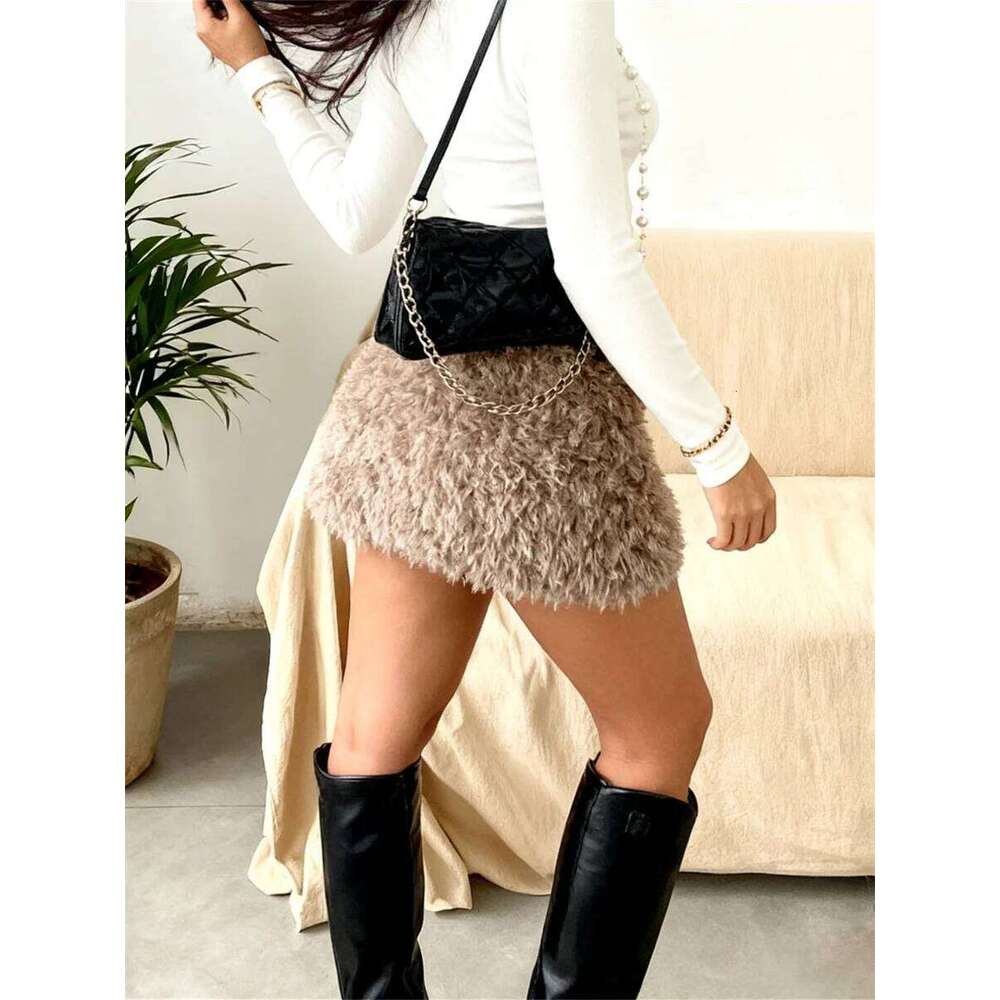 Women's Plush Furry Retro Skirts Low Waist Bodycon Mini Skirt for Party Club Chic Streetwear Z260314