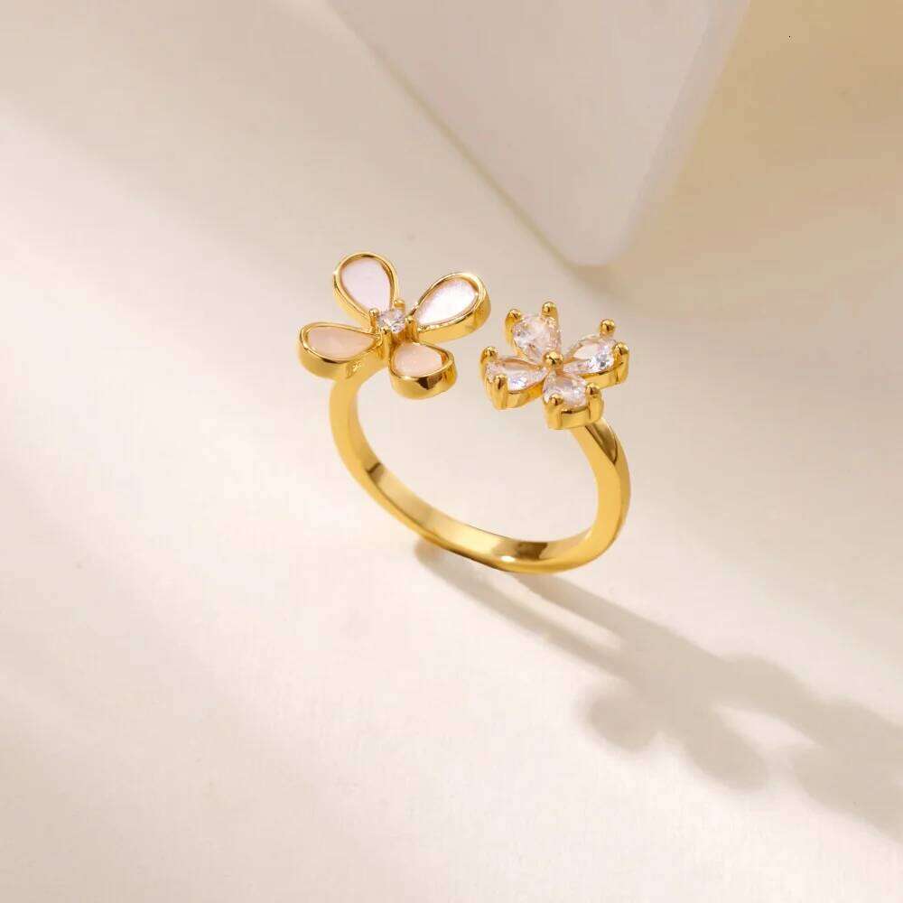 Stainless Steel Crystal Zircon Flower Rings For Women Fashion Imitation Pearl Gold Color Open Finger Ring Aesthetic Jewelry Gift H260312