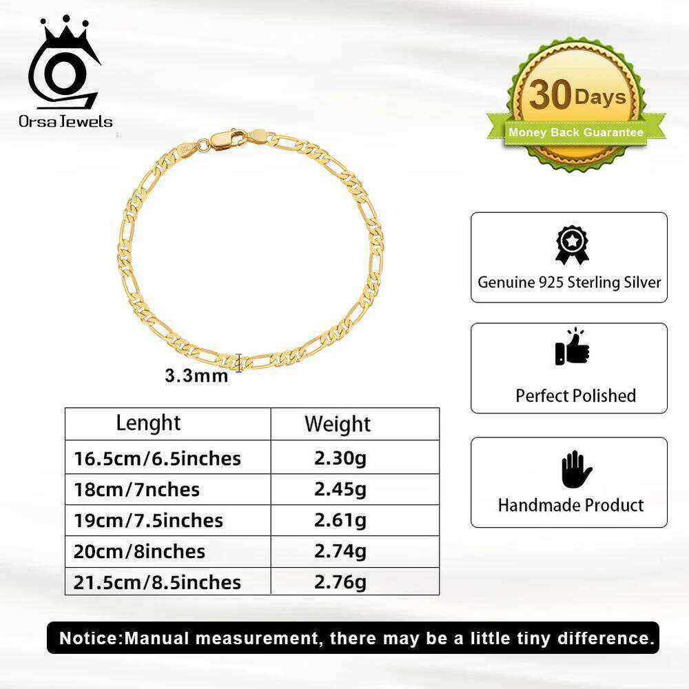 ORSA JEWELS 100% 925 Sterling Silver Italian 3.3mm Diamond-Cut Figaro Chain Bracelet for Women Handmade Party Jewelry SB66 Z260313