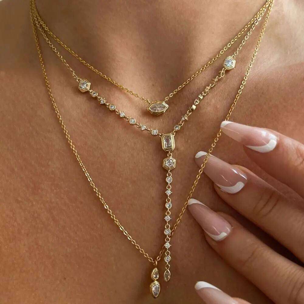 Fashion Minimalist Zirconia Oval Round Electroplated Pendant Copper Long Clavicle Necklace H260312