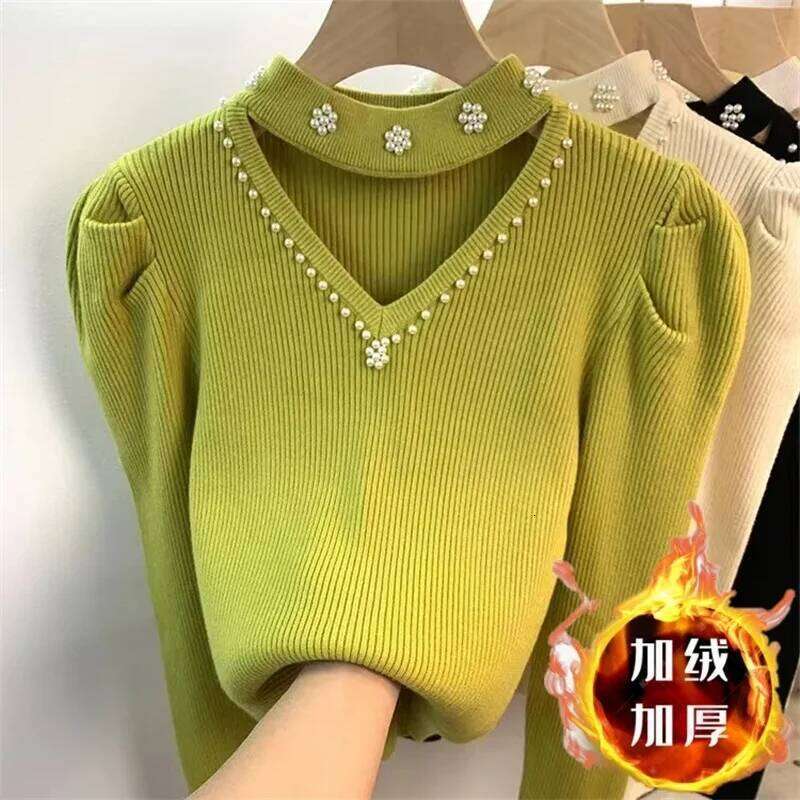 Autumn Winter Women Pullover New Fashion Hollow V-neck Nail Bead Long Sleeved Knitted Sweater Bottoming Shirt Female Top Z260313