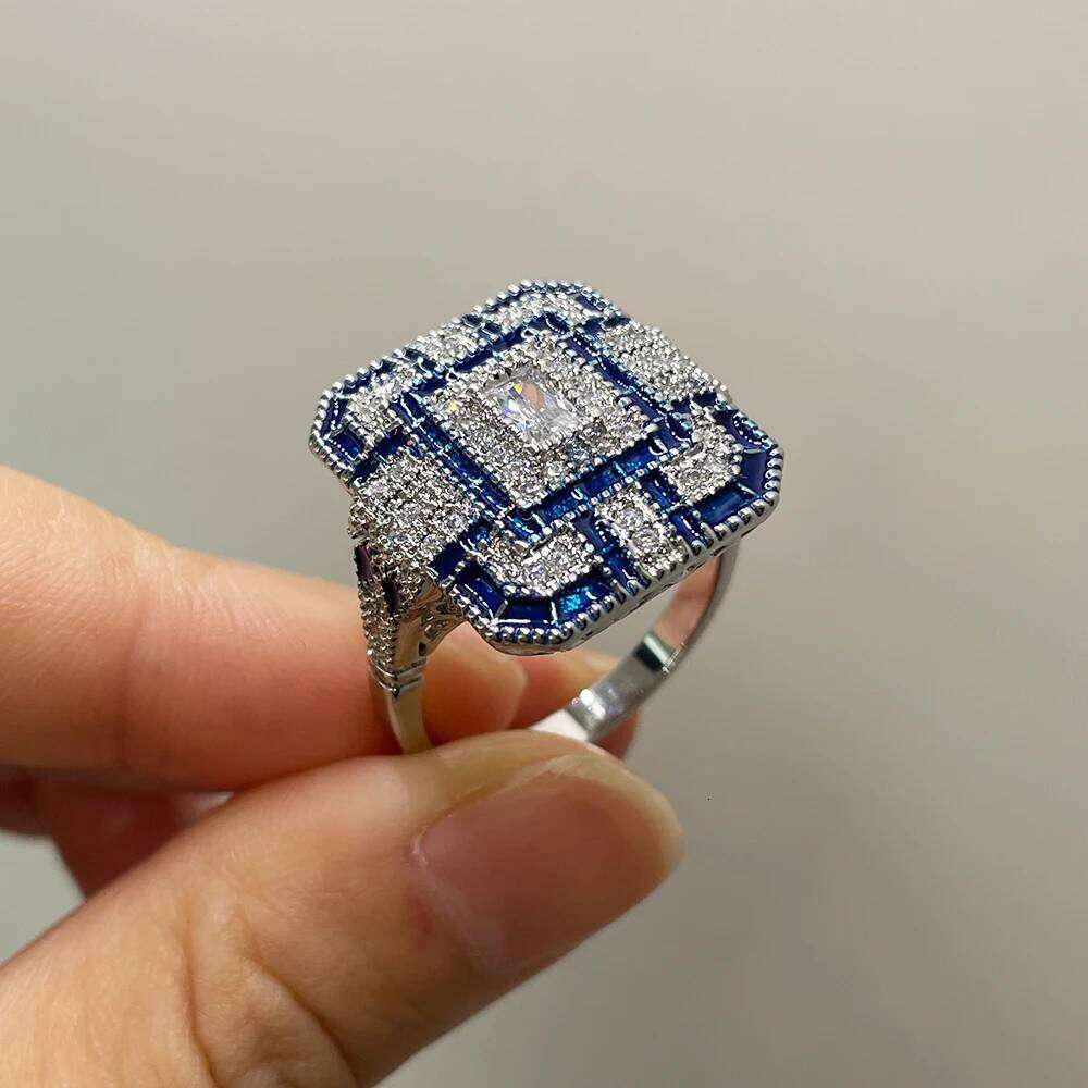 HOYON s925 Sterling Silver Color Square Female Couple Natural Zircon Crystal Sapphire Male Hip Hop Ring Party Jewelry H260312